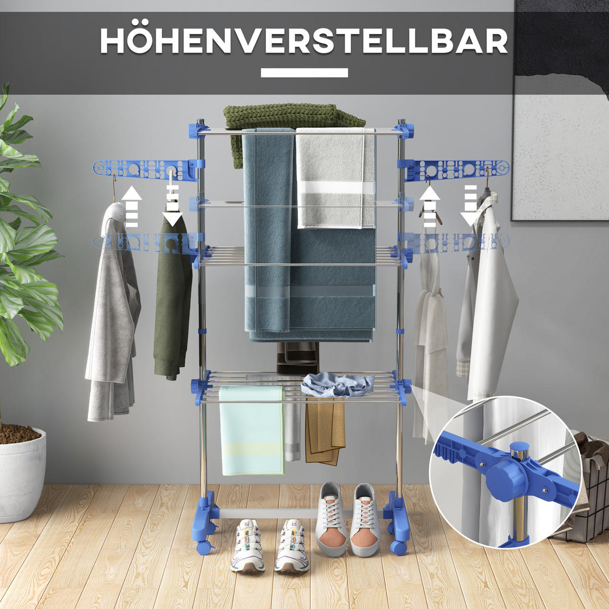 WÄSCHESTÄNDER DE-09792 4 Ebenen klappbar mit 6 Rollen Blau+Silber - Blau, Metall (142/152/55cm) - ComfortXL