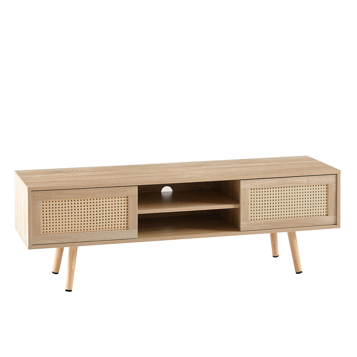 LOWBOARD Naturfarben 140/45/40 cm, Rattan-Optik, Schiebetüren, Massivholzbeine - Naturfarben, Holzwerkstoff (140/40/45cm) - PANGIVO