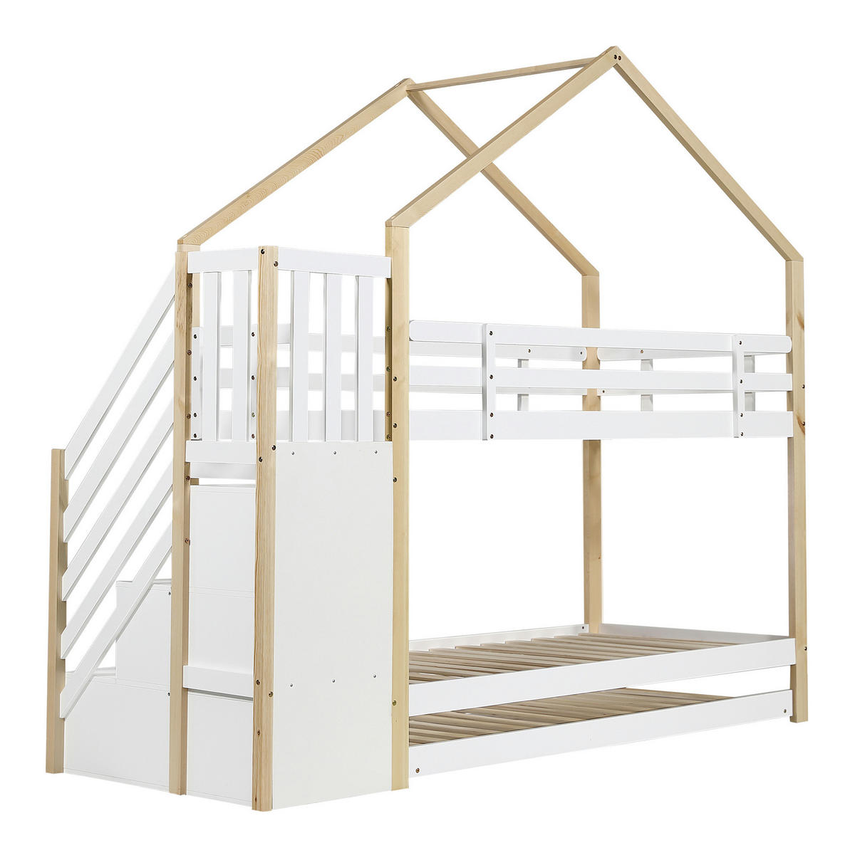 ETAGENBETT 90/200 cm in Natur/Weiß mit Ausziehbett und Treppe mit 4 Schubladen - Weiß, Holz (90/200cm) - OKMYHOME