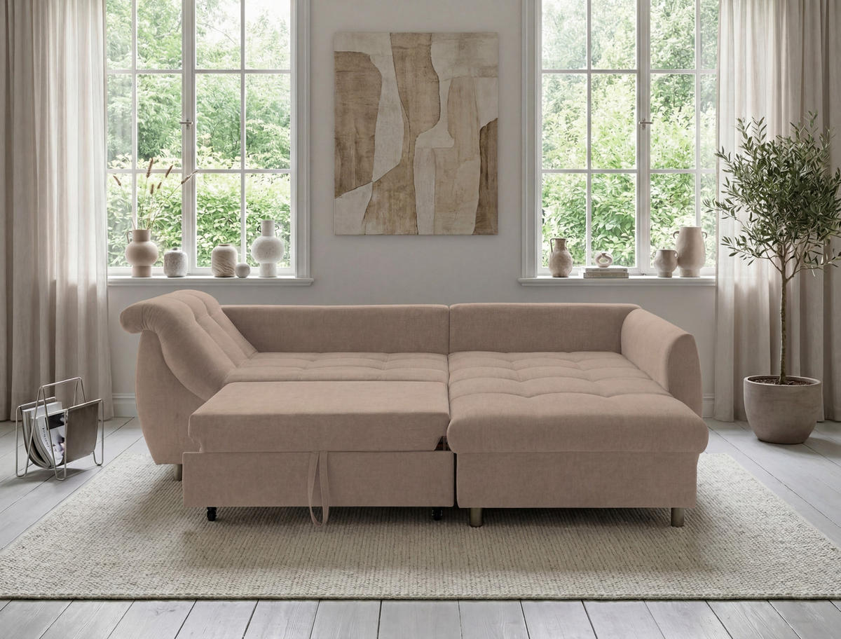 ECKSOFA mit Schlaffunktion, Wellenunterfederung, Ottomane rechts B250/T190/H84 cm, Liegefl. 179x190 cm, Mikrofaser Hellbraun / 17011 - Hellbraun/Chromfarben, Textil/Metall (250/190cm) - luma-home