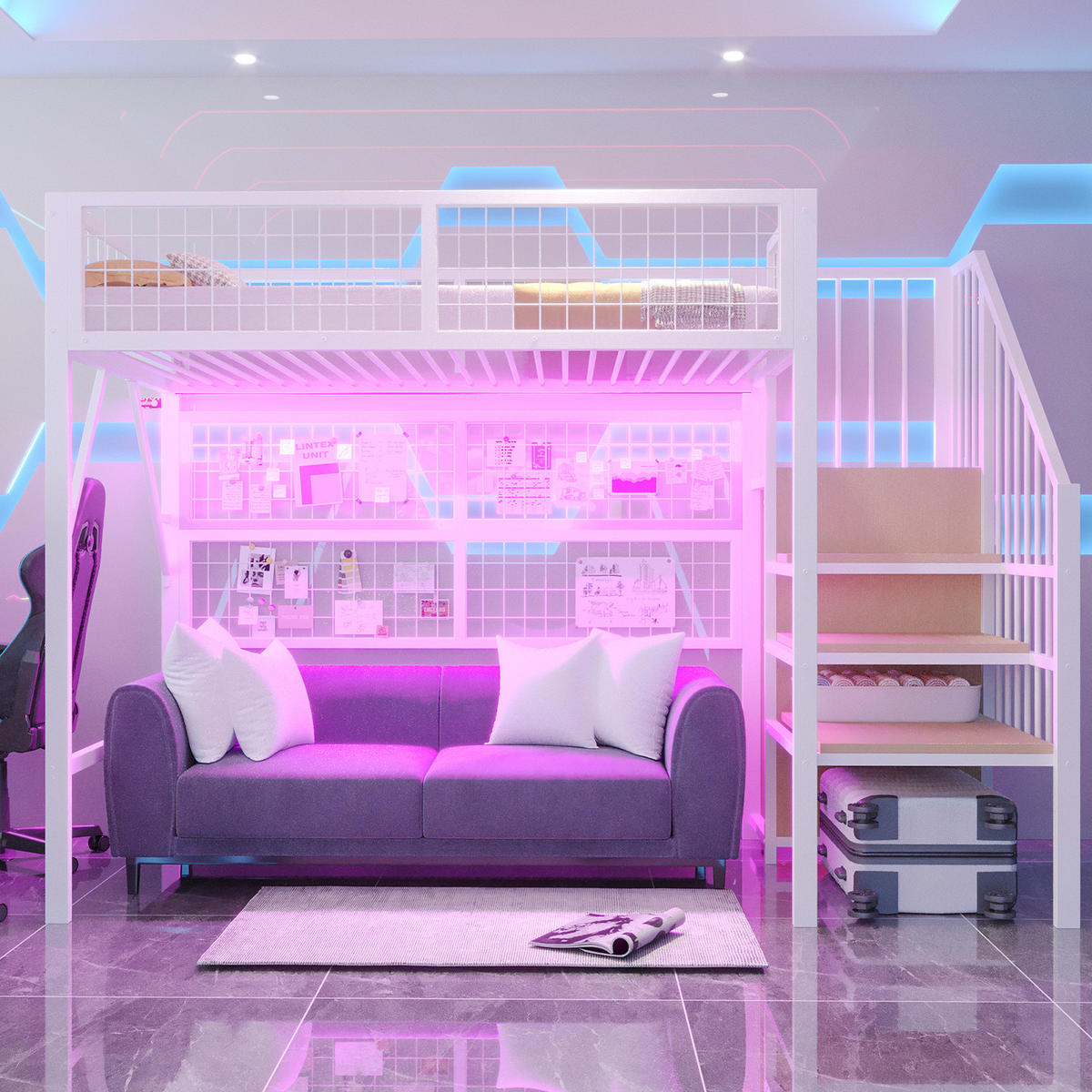 VYSOKÁ postel 90/200 cm bílá z kovu se schodišťovým úložným prostorem a s LED osvětlením - bílá, kov (90/200cm) - OKWISH