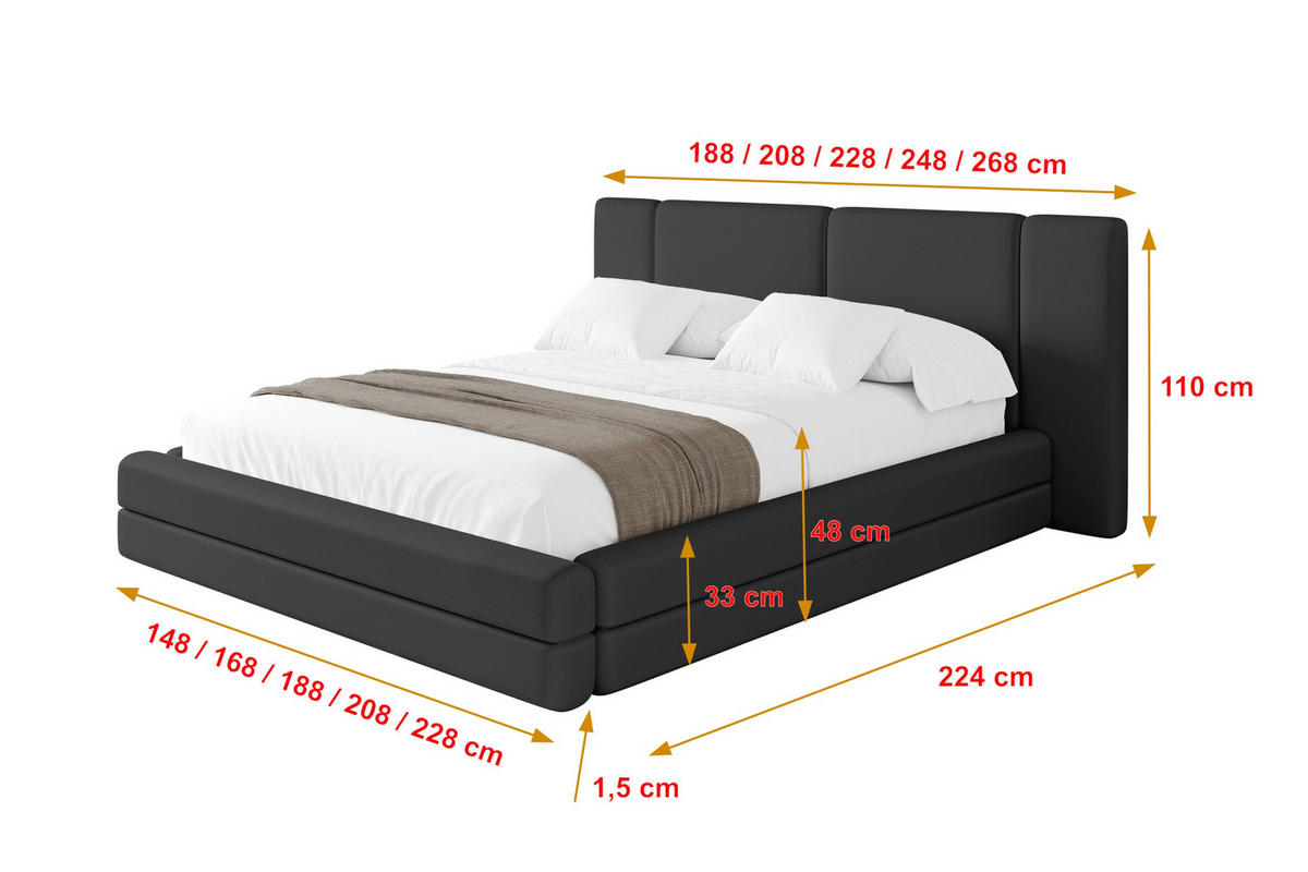 POLSTERBETT mit Bettkasten und Lattenrost, Boxbett ohne Matratze - TEVO 200x200 Schwarz - Schwarz Hochglanz, Holzwerkstoff/Textil (200/200cm) - ALTDECOR
