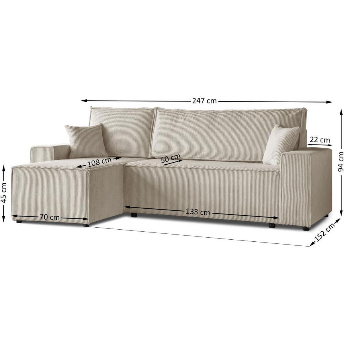 ECKSCHLAFSOFA mit Schlaffunktion Hektor beige - Beige/Schwarz, Kunststoff/Textil (247/152cm) - Beautysofa