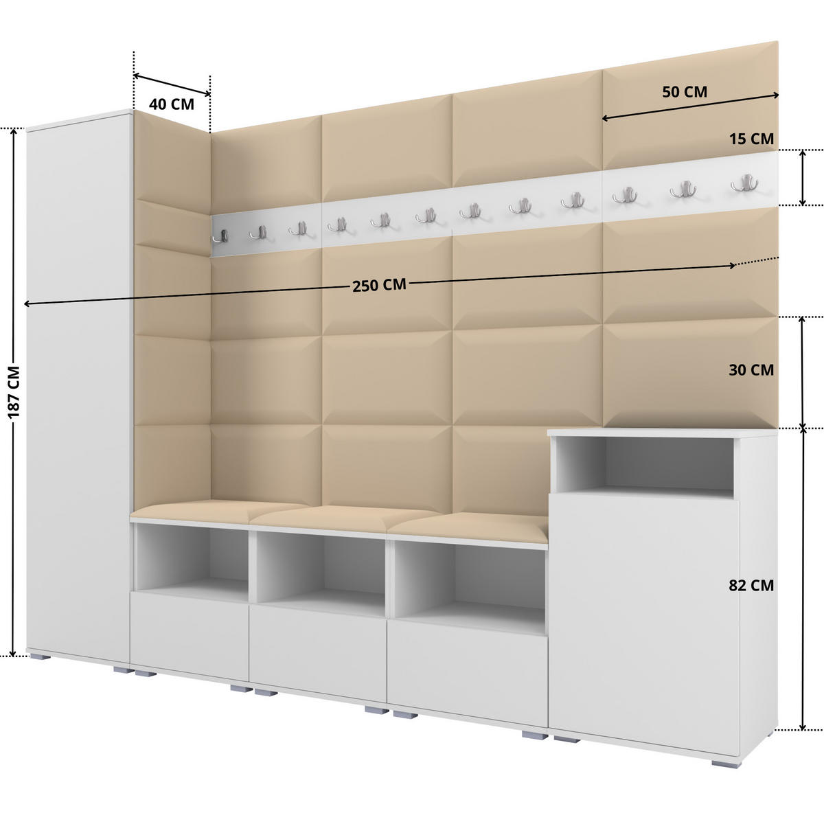 GARDEROBE NELA XI 250 cm (Modulare Flurmöbel Weiß mit Sitzpolster Beige 04 Großes Set) - Beige/Silberfarben, Holz/Holzwerkstoff (250/187/40cm) - Ravio