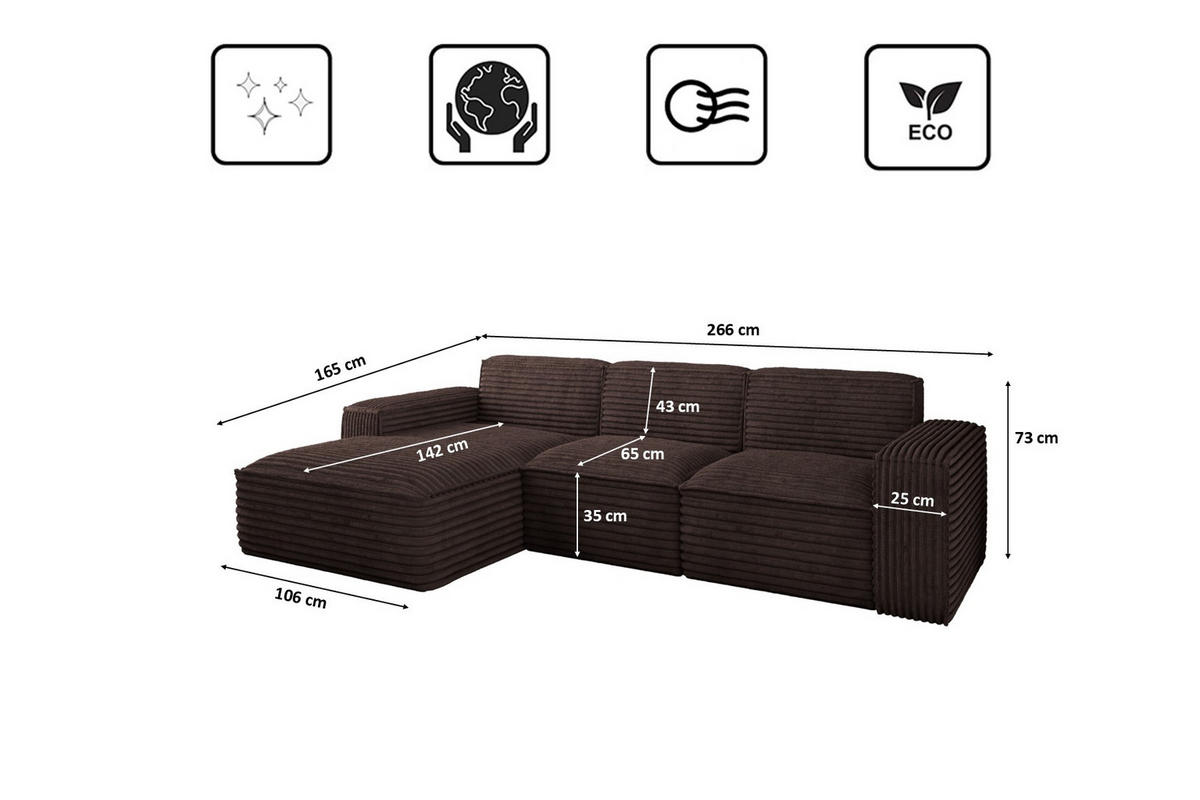 ECKSOFA L-Form Siena Stoff Velo Braun Links - Braun, Holz/Kunststoff (165/266cm) - Kaiser Möbel