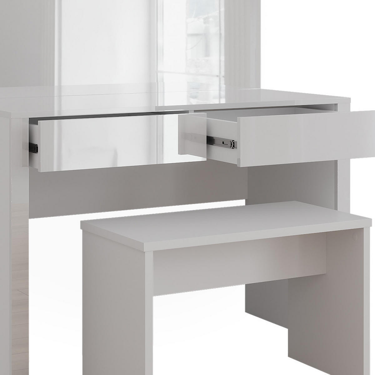 SCHMINKTISCH Annabelle Weiß Hochglanz/Weiß 110 cm mit Spiegel und Bank - Weiß Hochglanz/Weiß, Holzwerkstoff (110/75.5/50cm) - Vicco