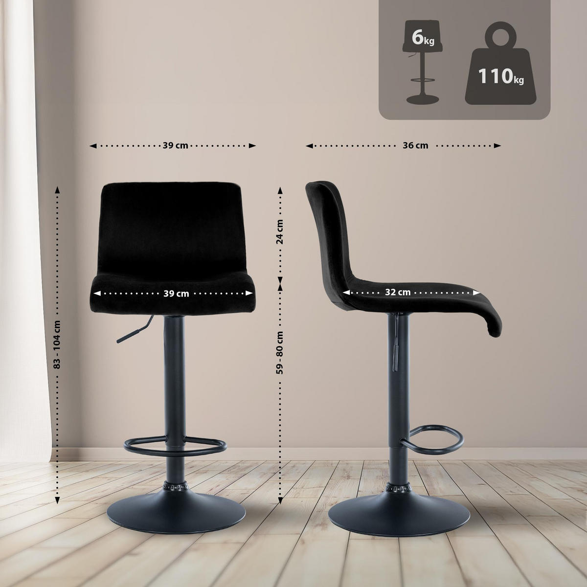 BARHOCKER Samt Schwarz - Schwarz, Textil (39/83/36cm) - CLP