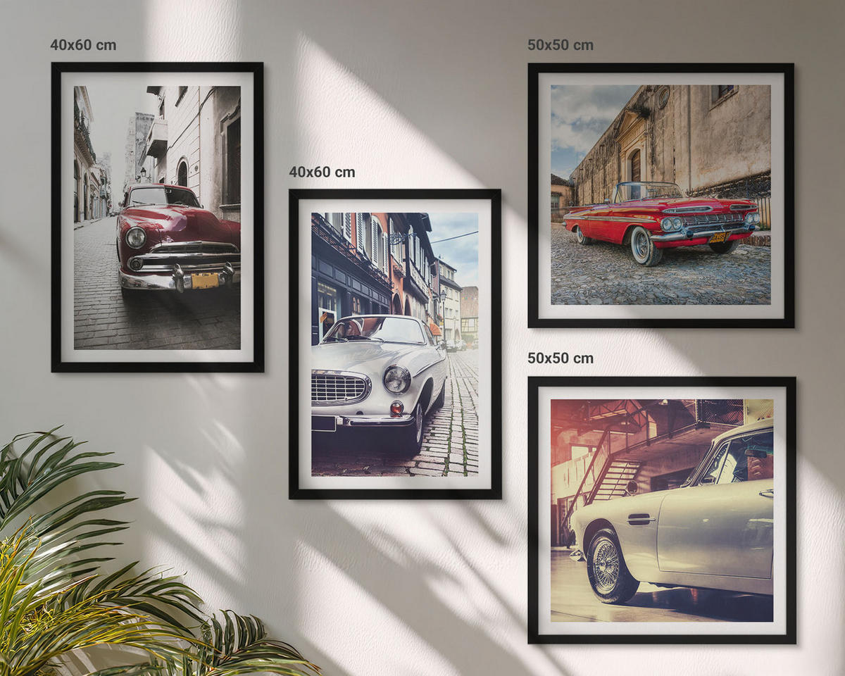 WANDBILDER 4er-Set - 50x50 cm & 40x60 cm Schwarzer Rahmen - Oldtimer in Städten - Schwarz, Kunststoff (50/50cm) - ArtPrintCave