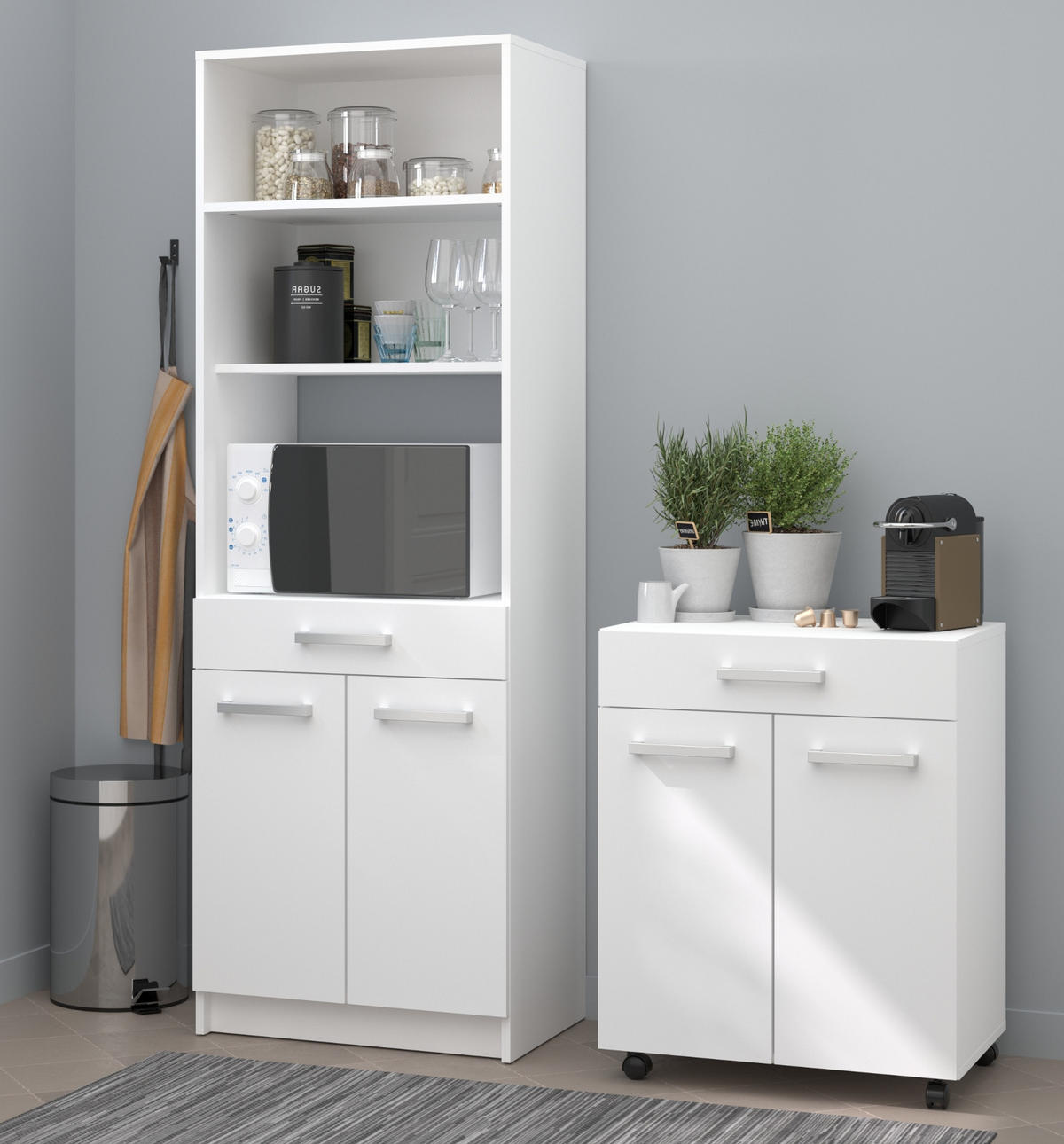 KÜCHENSCHRANK Set 2-teilig weiß mit Buffet und Mehrzweckschrank - Silberfarben/Weiß, Holz/Holzwerkstoff (120/176/43cm) - Parisot Meuble