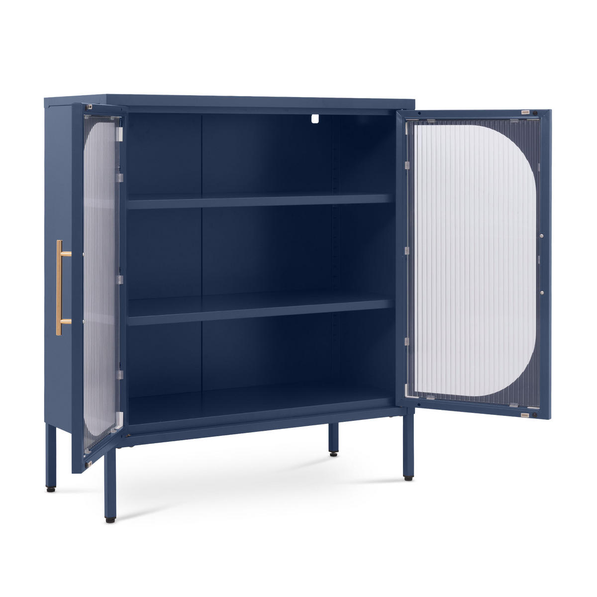 LUKA 2-türiges Metall-Sideboard in Mitternachtsblau mit geriffeltem Glas, 80 cm - Dunkelblau, Metall (80/90/35cm) - Sicaan
