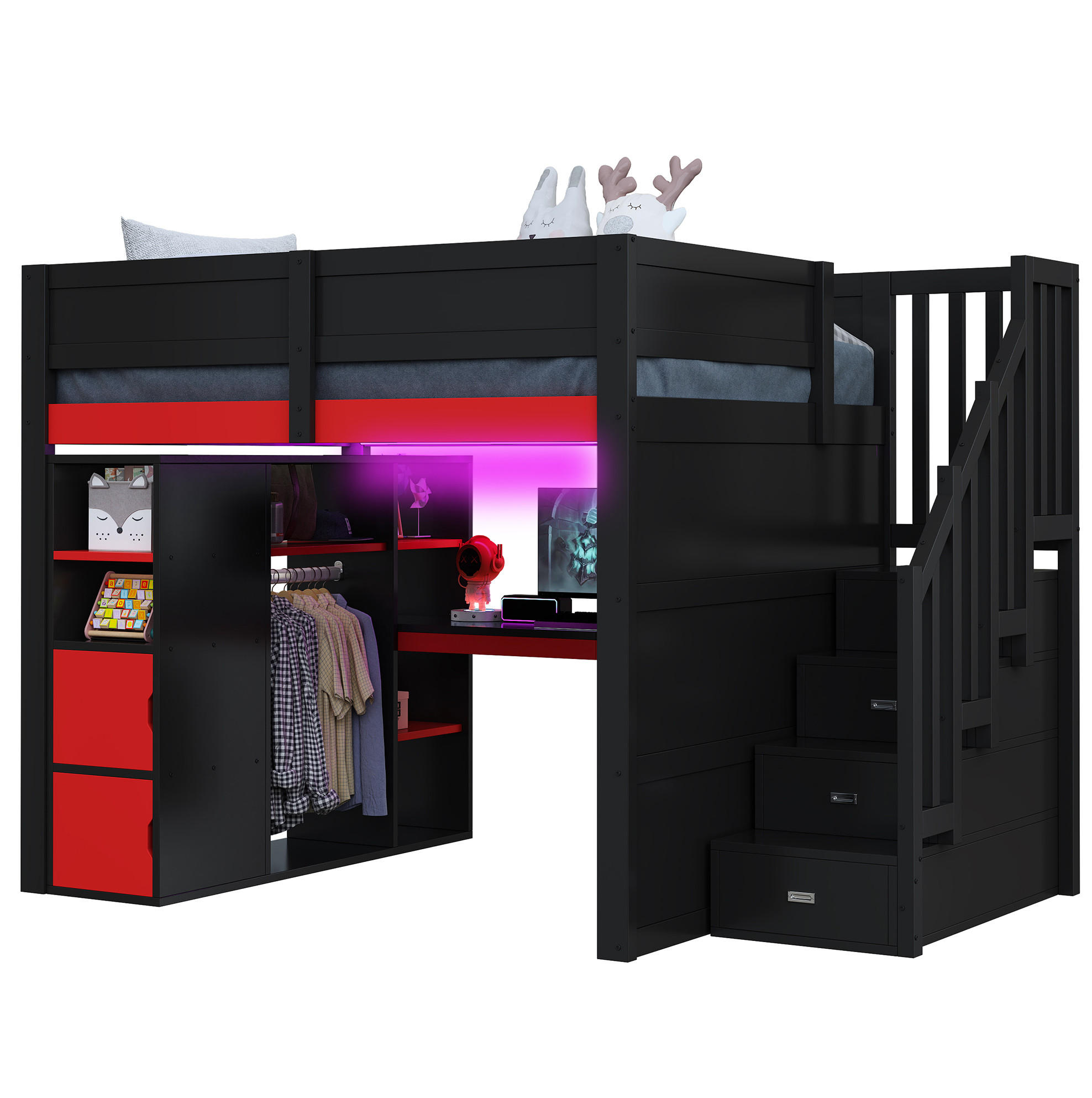 HOCHBETT mit Schreibtisch 140/200 cm in Schwarz/Rot – mit Stauraum und LED - Schwarz, Holzwerkstoff (140/200cm) - BEAOK
