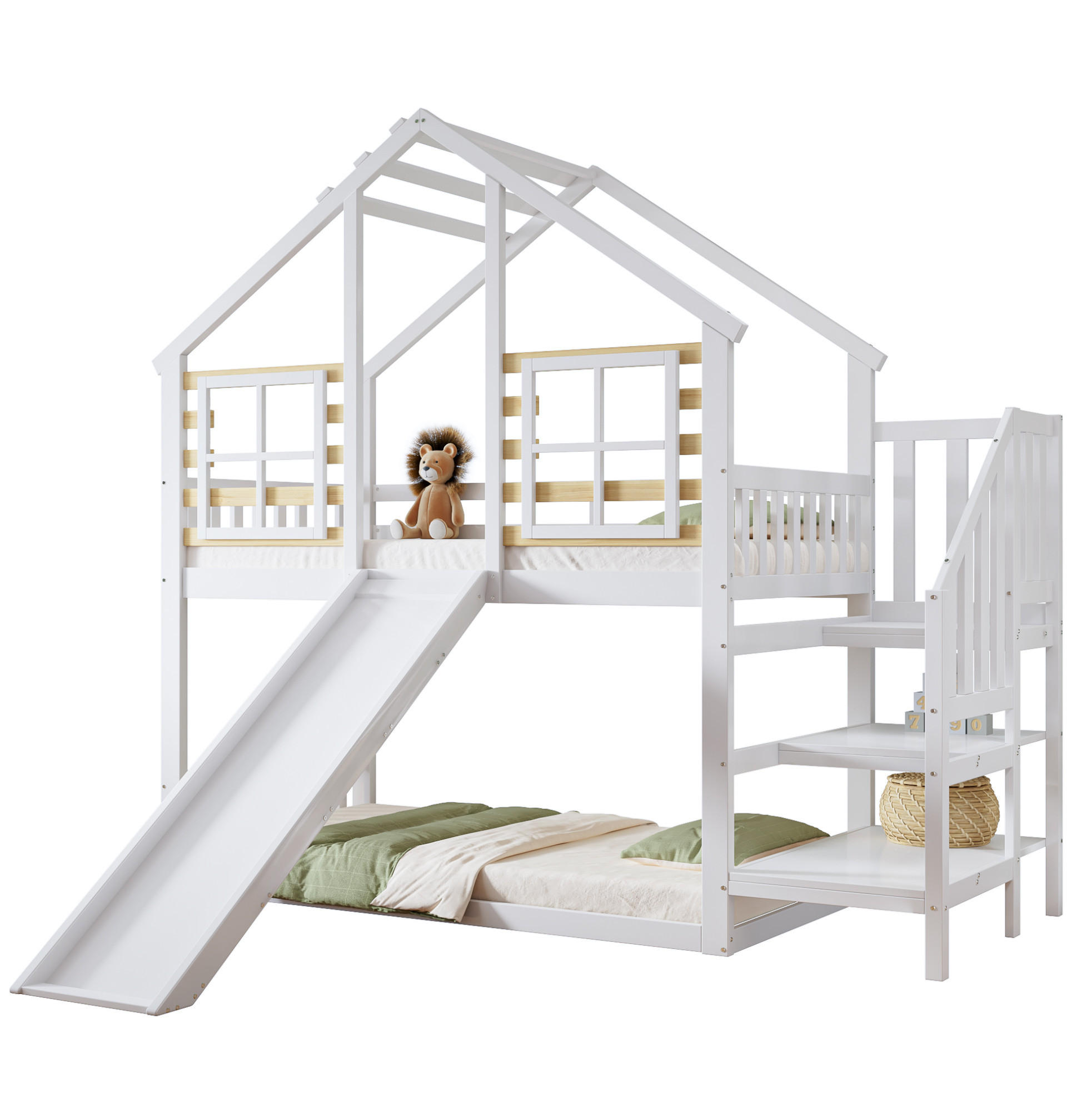 DOMČEKOVÁ posteľ z masívu a MDF, 90/200 cm, biela/prírodná, s domčekom, šmykľavkou a schodmi - biela, kompozitné drevo (90/200cm) - BEAOK