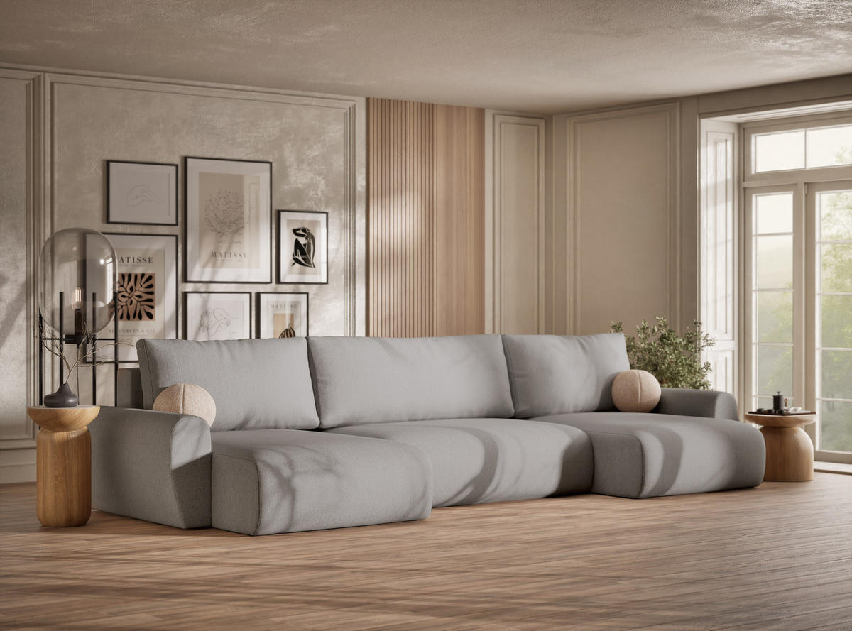 WOHNLANDSCHAFT MIT SCHLAFFUNKTION Numba Hellgrau Webstoff - Hellgrau/Schwarz, Holz/Holzwerkstoff (397/70/153cm) - Maison de Reve