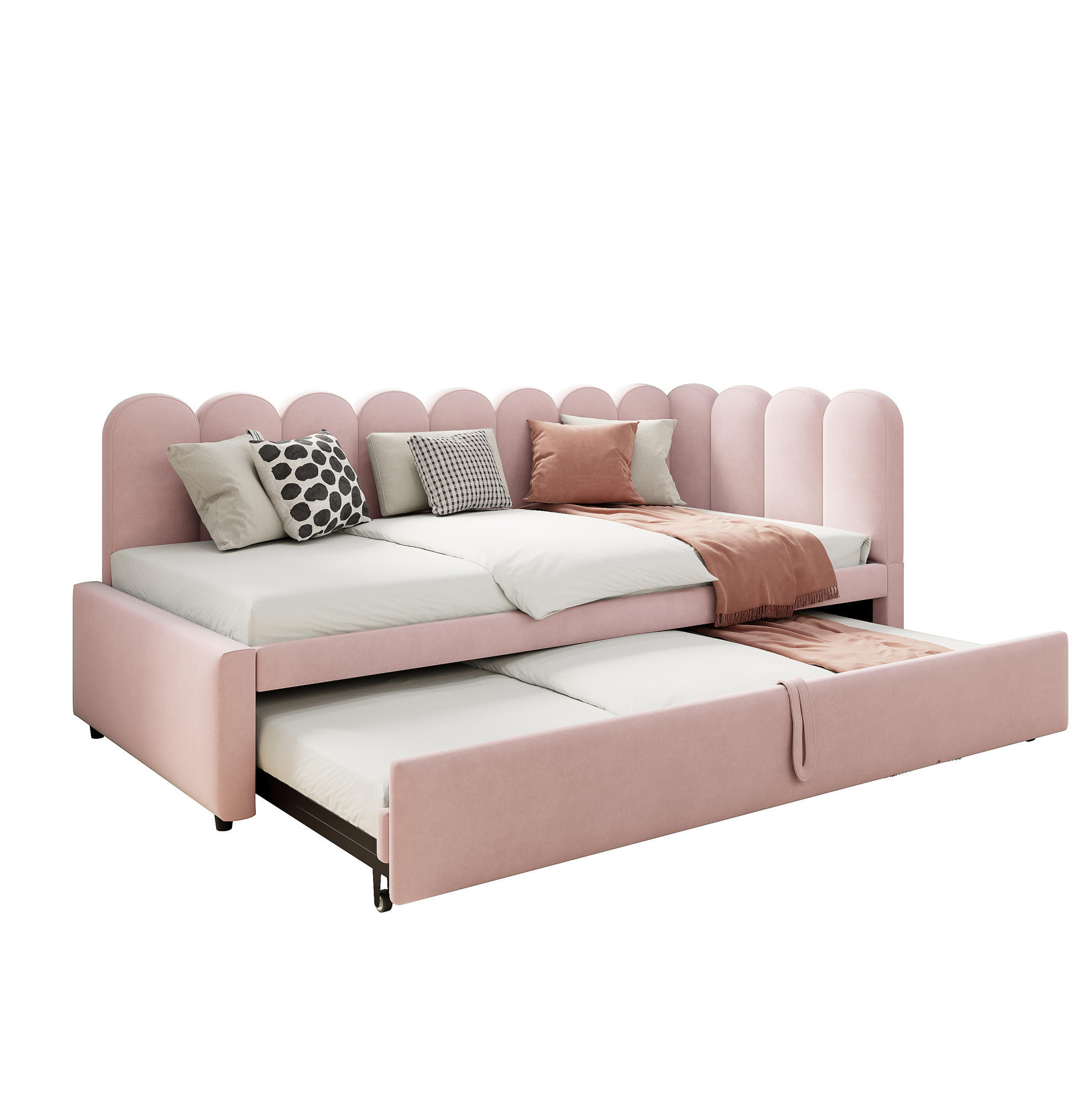 POLSTERBETT 90/200 cm mit Ausziehbett, L-Form und Samtbezug, Rosa - Rosa, Textil (90/200cm) - Redom