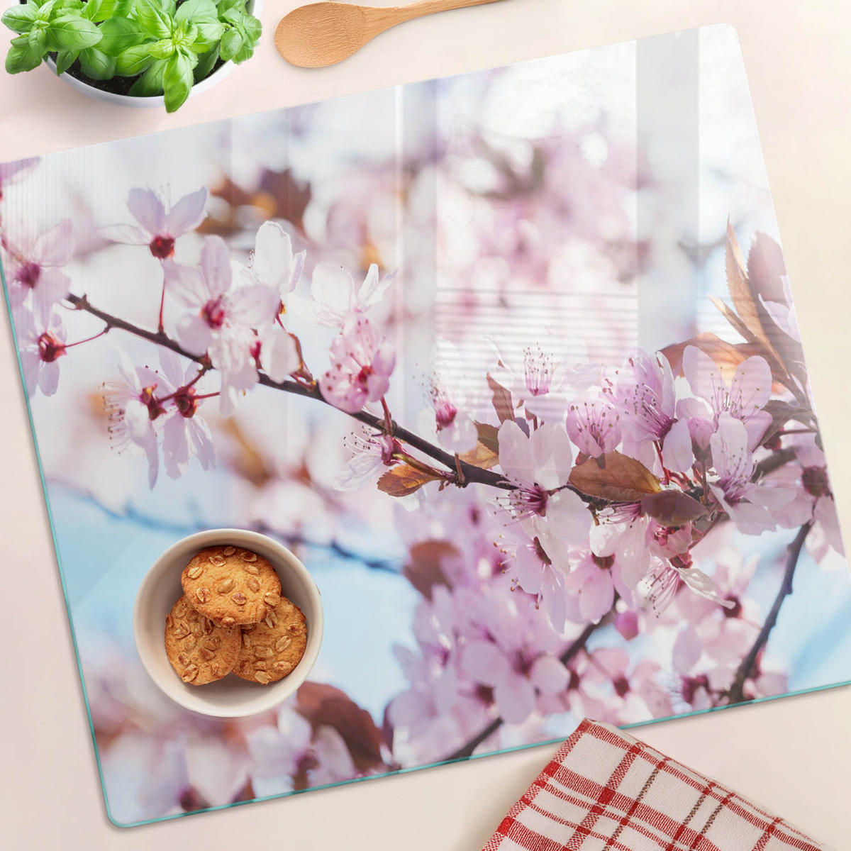 GLASPLATTE 60x52 cm Kirschblüten - Pink, Glas (60/0.4/52cm) - TULUP