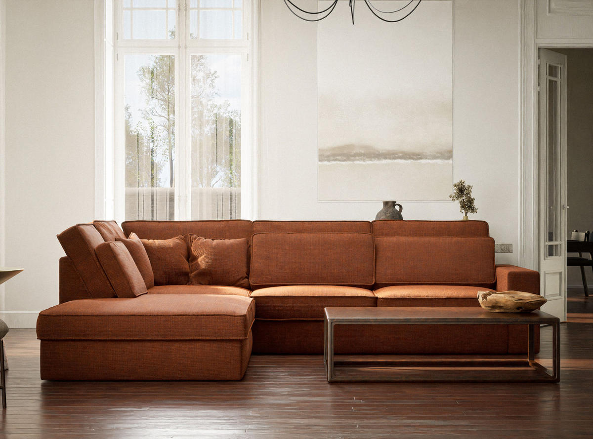 ECKSOFA Kirou Kupferfarbe Chenille-Stoff - Links Seite - Schwarz/Kupferfarben, Holz/Holzwerkstoff (225/311cm) - Maison de Reve