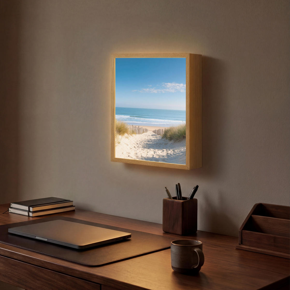 NÁSTĚNNÁ LAMPA S AKUMULÁTOREM Pláž - moře - duny - písek - léto 30x40 cm - písková barva, kompozitní dřevo (30/40/8cm) - OnlyWow