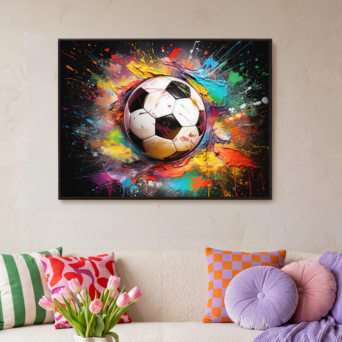 LEINWAND Bilder mit Rahmen - Fußball - Farbe - Farben - Schwarz - Weiß - 100x70 - Weiß, Textil (100/70cm) - MuchoWow