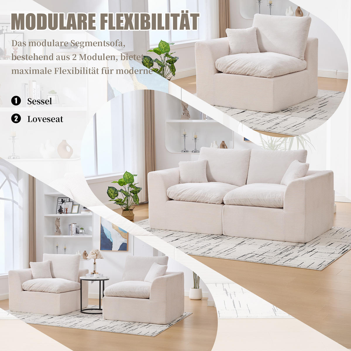 2-SITZER-SOFA XXL aus Cord mit Federkern-Polsterung Montagefrei - Beige, Textil (204/84/102cm) - Urban Meuble