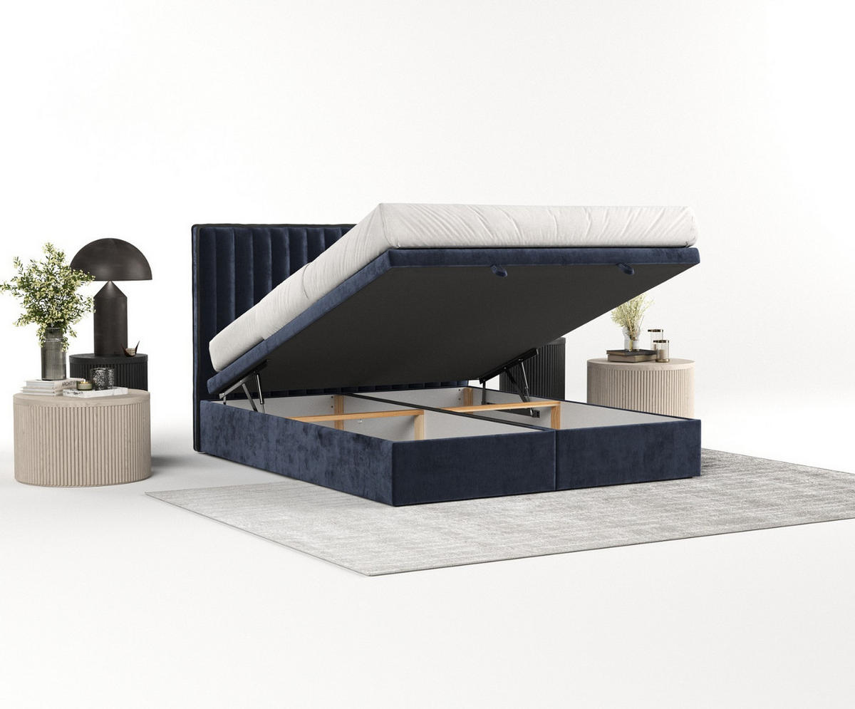 POLSTERBETT Keva mit Stauraum 120/200 cm Marineblau im Lotta Stoff - Schwarz/Dunkelblau, Holz/Holzwerkstoff (120/200cm) - AltaBeds