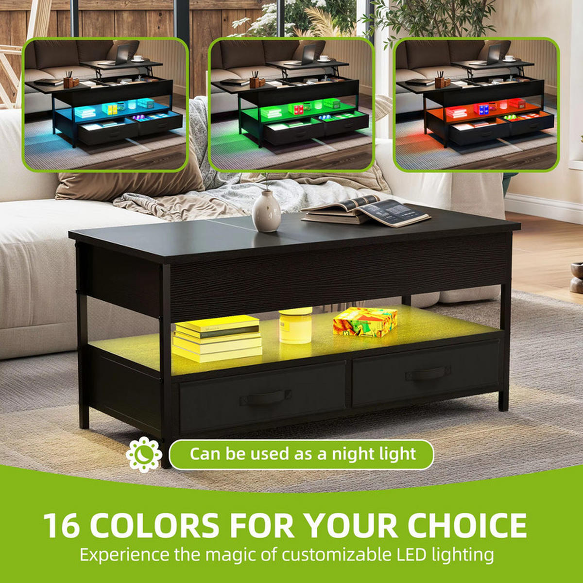 COUCHTISCH Höhenverstellbar 16 Farben LED 106x50x51.5 cm Holz mit Schubladen - Schwarz, Holz (1/1/1cm) - Kaket