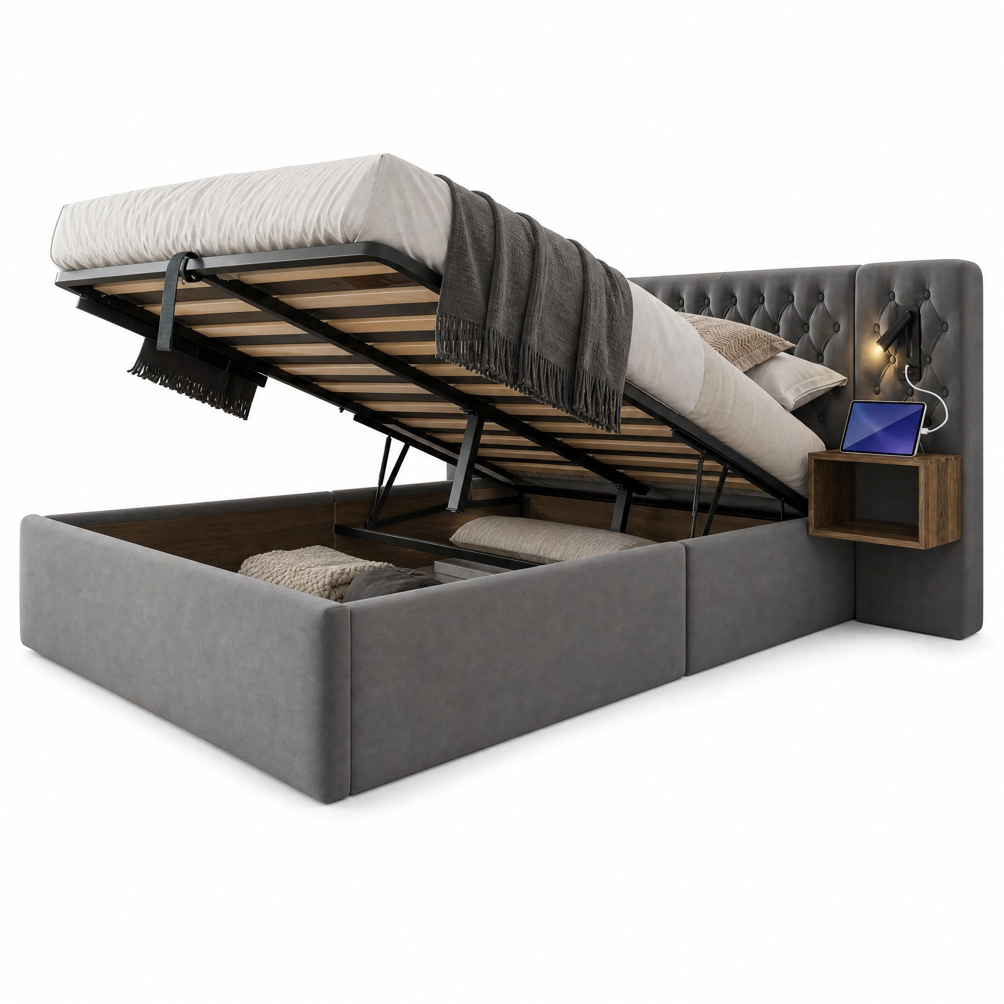 BETTANLAGE 160/200 cm in Grau Samt mit Bettkasten, USB, Type-C, Leselampen und 2 Nachttischen - Grau, Holzwerkstoff/Textil (160/200cm) - STILVORA