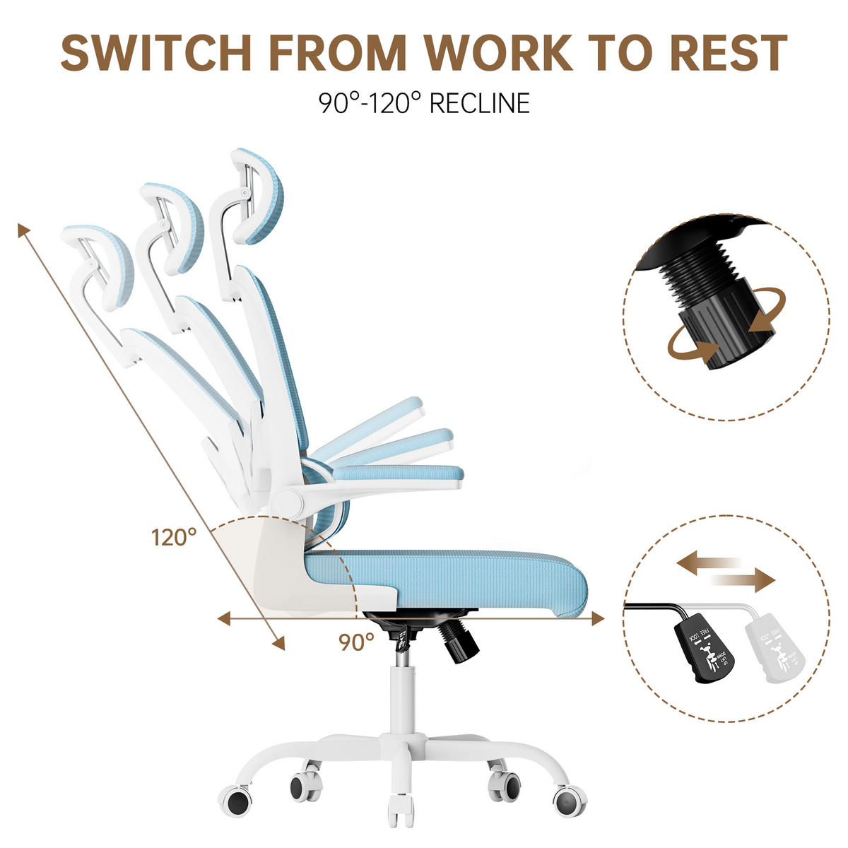 BÜROSTUHL Weiß-Blau ergonomisch mit klappbaren Armlehnen - Blau, Metall (25/52.5/65cm) - Rattrix