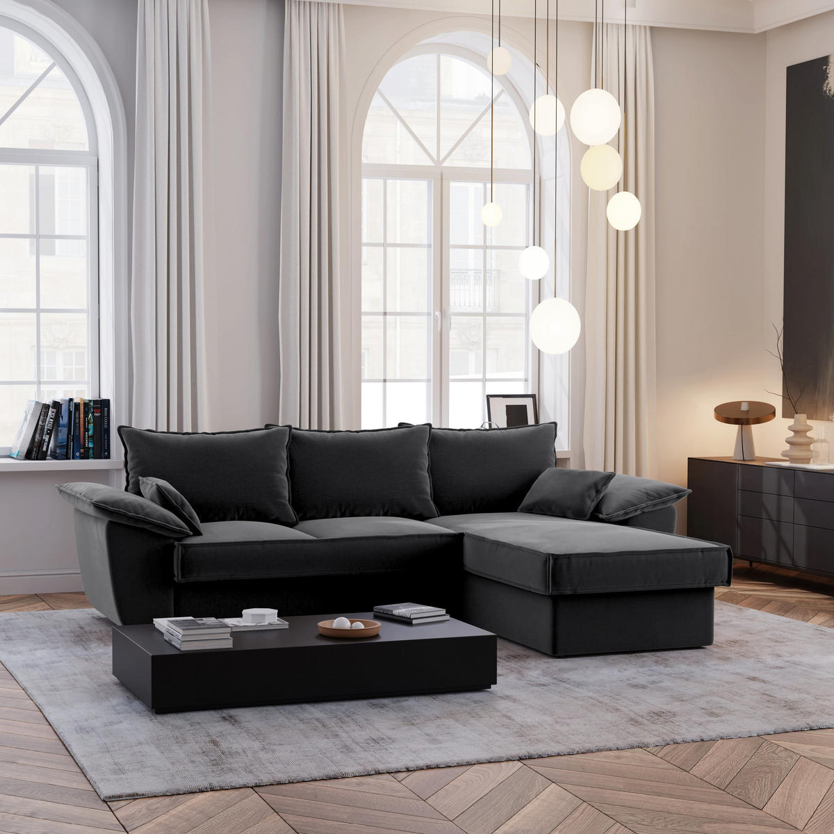 ECKSOFA RECHTS Samtstoff Graphitgrau 257cm - Graphitfarben/Grau, Textil (257/168cm) - Sia Home