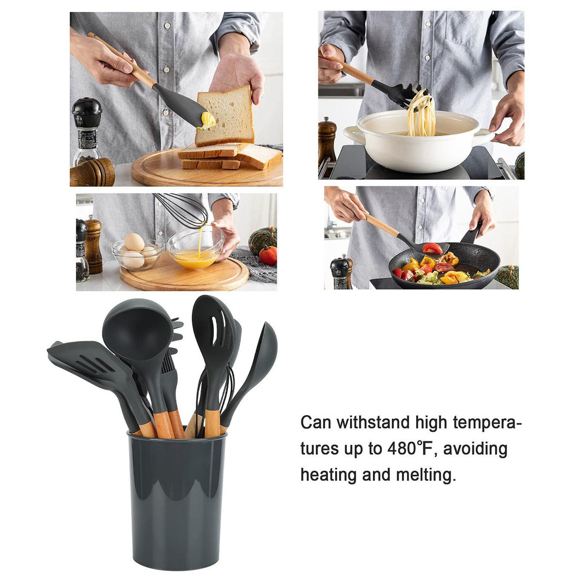 KÜCHENHELFER-SET, 12-teilig, Silikon, Buchenholz, hitzebeständig, BPA-frei, mit Behälter - Schwarz, Metall - PARAFTA HOME