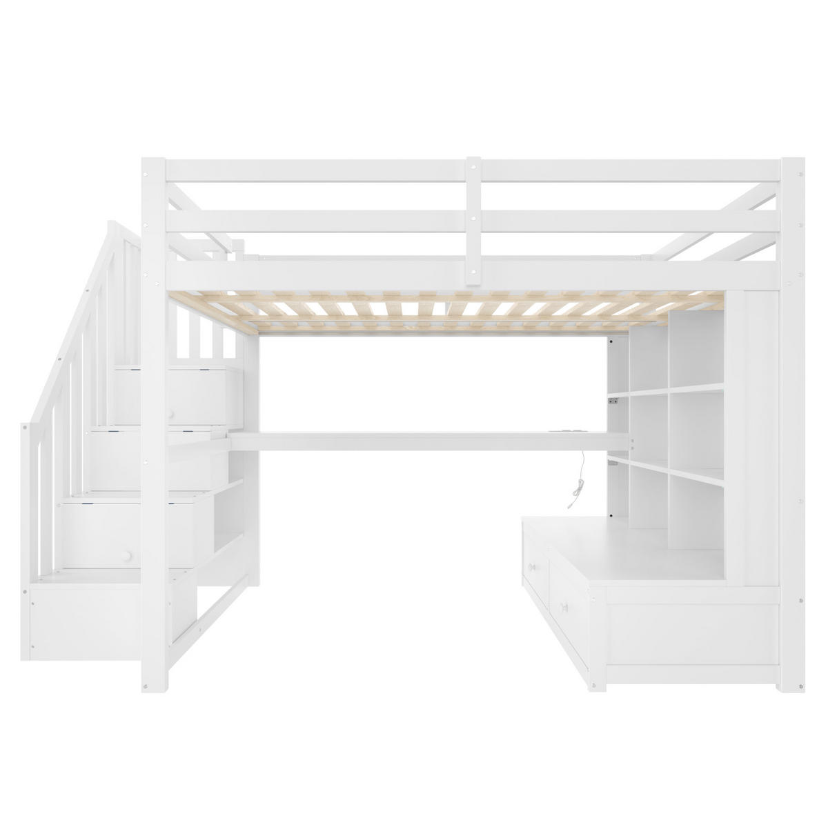 HOCHBETT 140/200 cm weiß aus MDF und Kiefer mit Schreibtisch, Regalen, 2 Schubladen und LED - Weiß, Holzwerkstoff (140/200cm) - OKWISH
