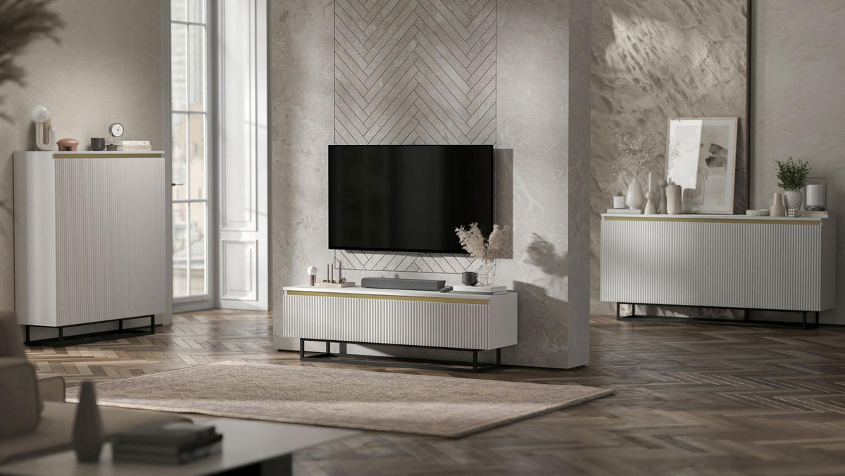 TV-SCHRANK Selene Weiß Matt mit Metallrahmen 140 cm - Schwarz/Weiß, Holzwerkstoff/Metall (140/44/35cm) - Meble Lindner