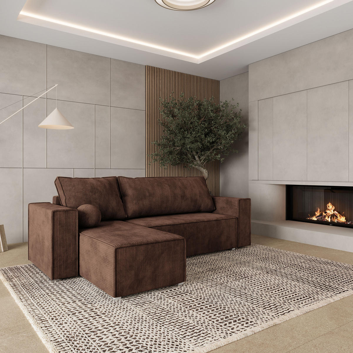 ROHOVÁ SEDAČKA RAVELO hnědá - šedá/hnědá, dřevo/textil (240/140cm) - MASSENO