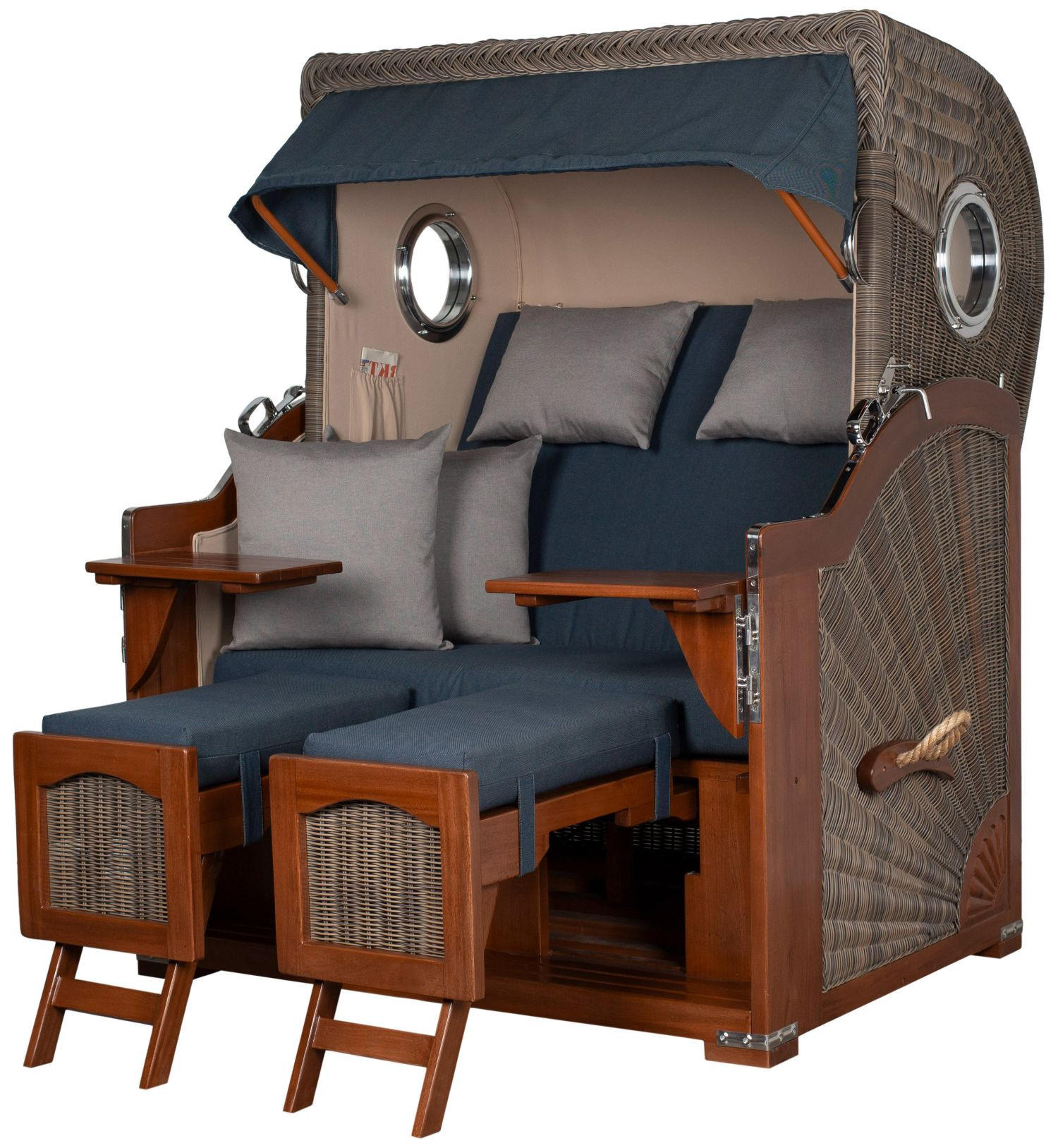 STRANDKORB Komplettset: Ammersee Mahagoni Bullauge - PE grau - Modell 593 - Grau, Holz/Kunststoff (125/165/80cm) - bene living