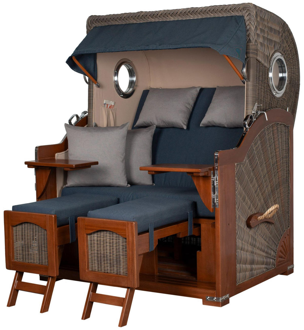 STRANDKORB Komplettset: Ammersee Mahagoni Bullauge - PE grau - Modell 593 - Grau, Holz/Kunststoff (125/165/80cm) - bene living