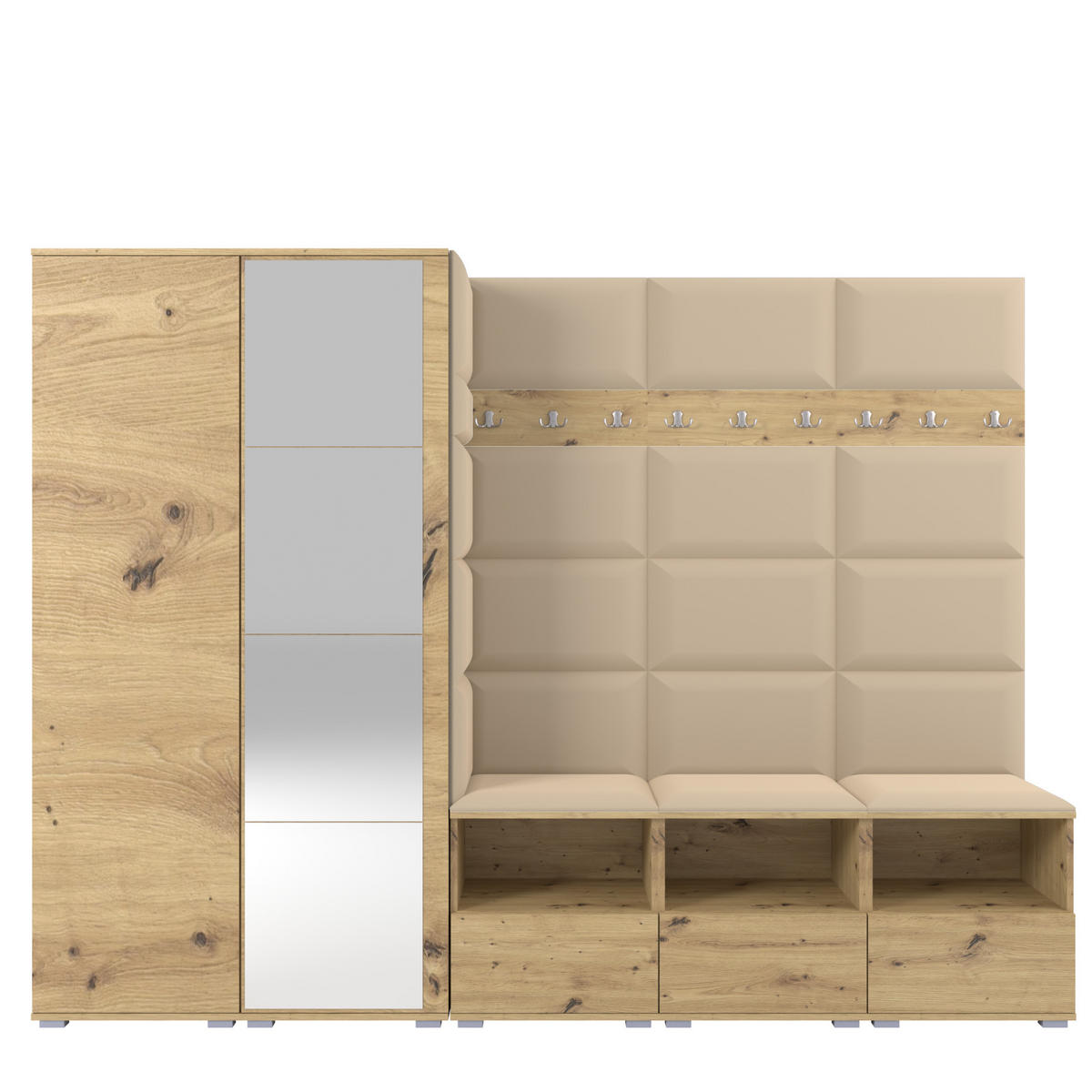 GARDEROBE NELA VII 250 cm (Modulare Flurmöbel XL Artisan Eiche mit Spiegel & Sitzpolster Beige 04 Universell) - Beige/Silberfarben, Holz/Holzwerkstoff (250/187/40cm) - Ravio