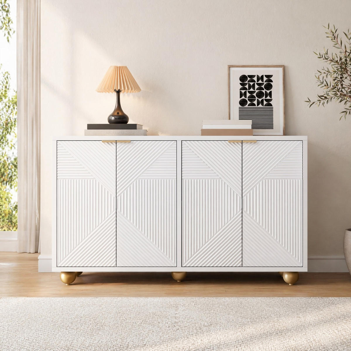 KUCHYŇSKÁ SKŘÍŇ bílá, kulovité nohy, do obývacího pokoje a ložnice, 120×35×71,5 cm - bílá/zlatá, kov/kompozitní dřevo (120/71.5/35cm) - STILVORA