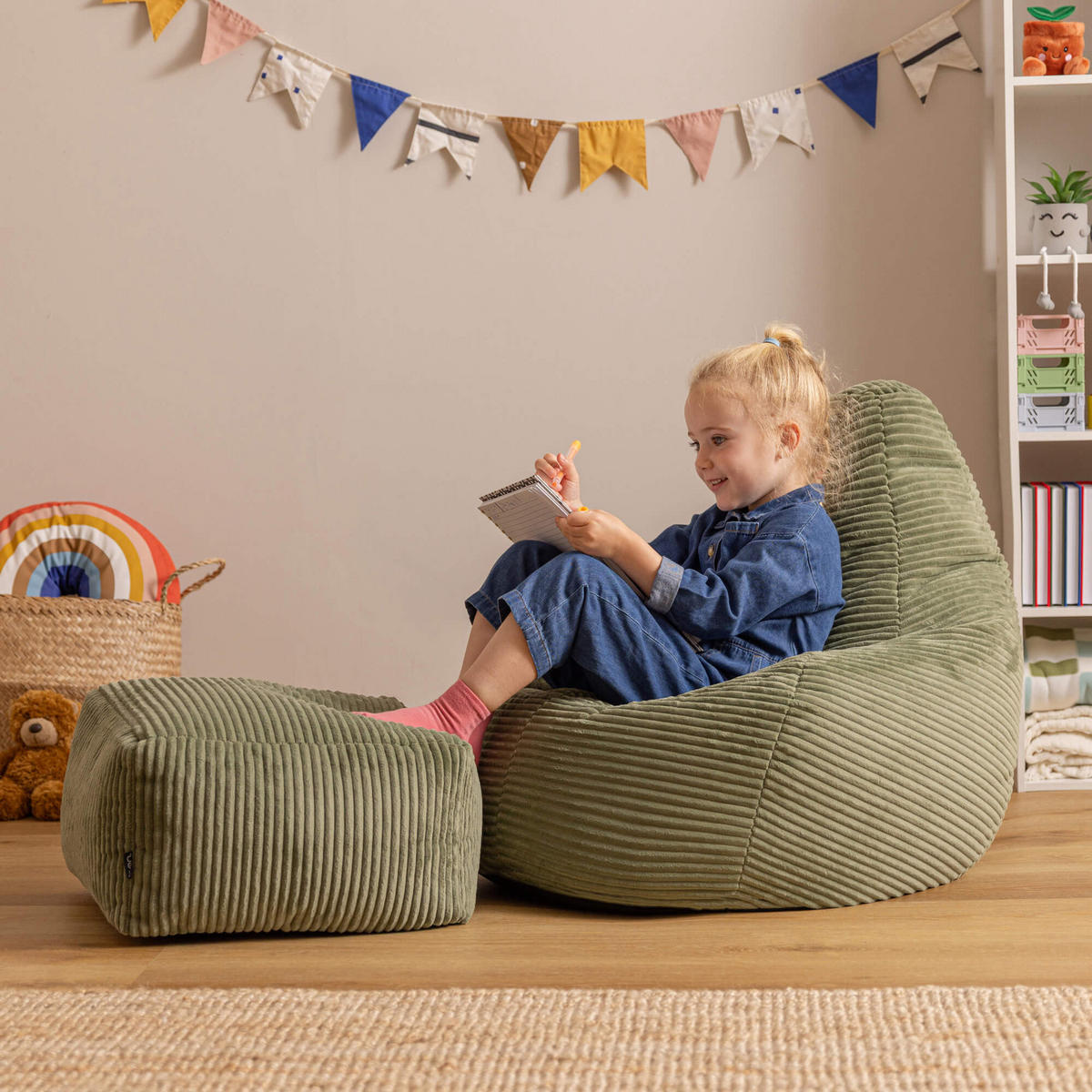 KINDERSITZSACK mit Hocker Dalton Cord - Salbeigrün, Textil (69/59/65cm) - icon