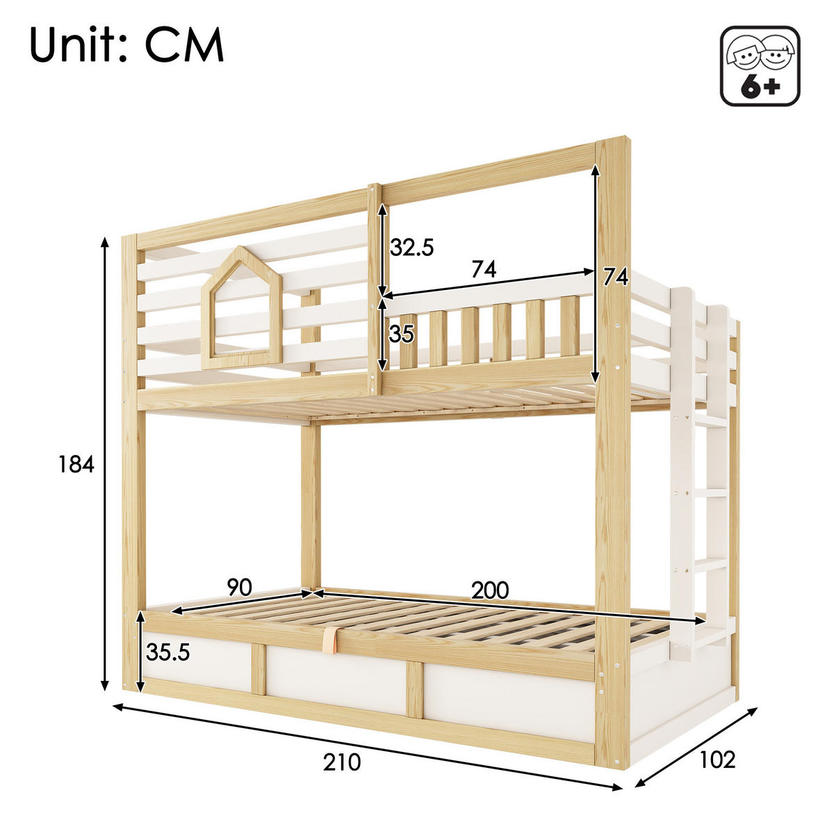 ETAGENBETT Kinderbett 90/200 cm aus Holz mit Hydraulik-Stauraum im Hüttenstil Weiß/Eichefarben - Weiß, Holz (90/200cm) - Modenvie