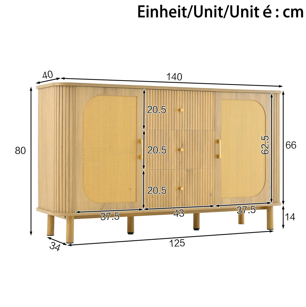 KOMMODE aus MDF 140x40x80cm in Natur mit Schubladen - Naturfarben, Holzwerkstoff (140/80/40cm) - Modfu