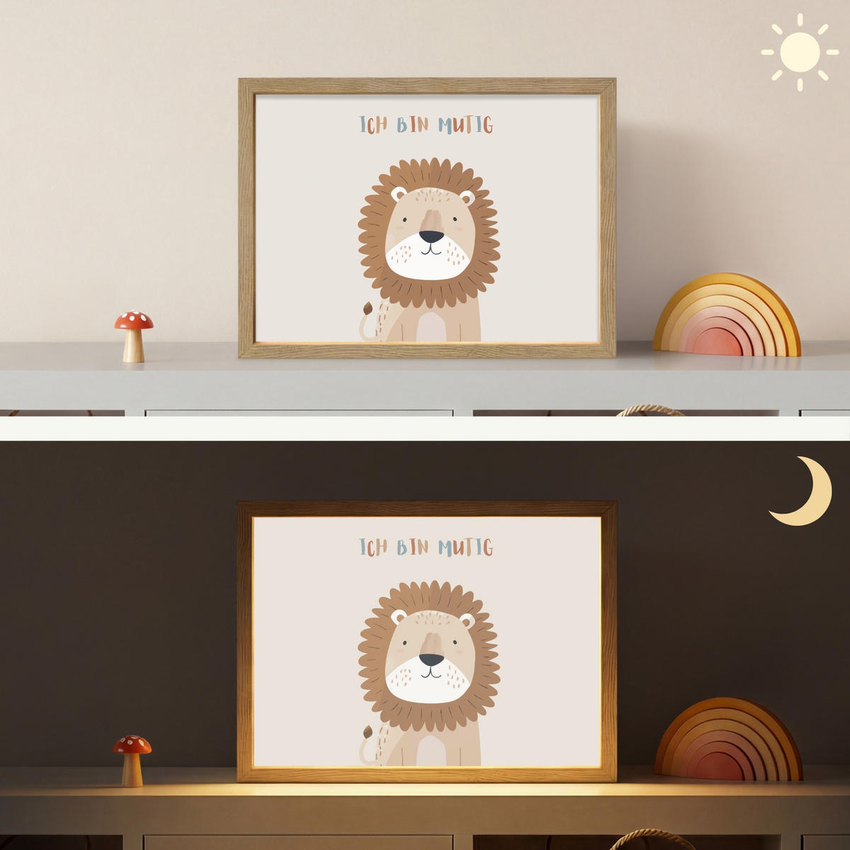 WANDLEUCHTE MIT AKKU Löwe - Beige - Tier - Mutig - Zitat 40x30 cm - Beige, Holzwerkstoff (40/30/8cm) - OnlyWow