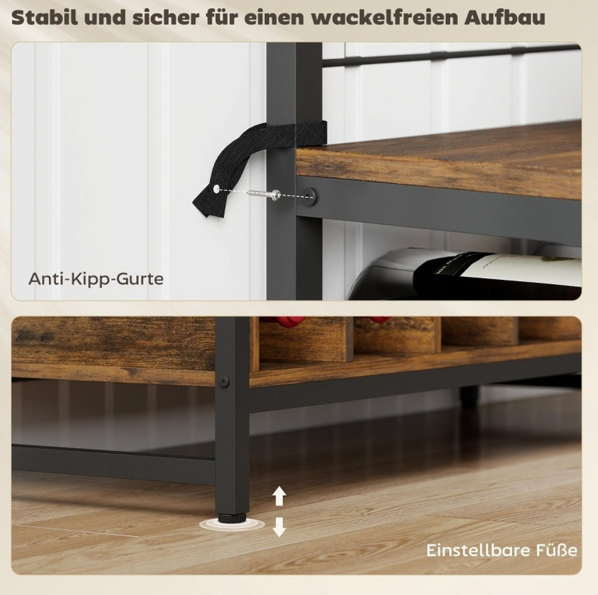 KÜCHENREGAL 96,5 cm mit Arbeitsfläche, Weinregal, Gitterpaneelen und 5 Haken aus Holz, Rustikales Braun - Braun, Holz (96.5/165/38cm) - Redom