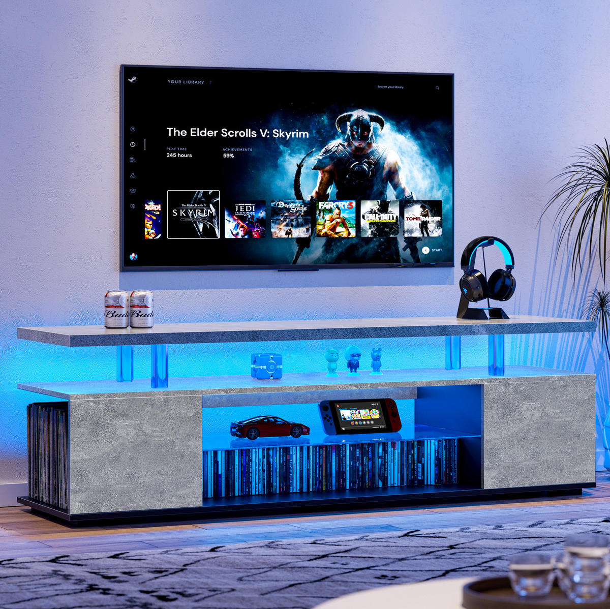 TV-LOWBOARD mit LED-Beleuchtung, 3 Schrankfächern und offenem Ablagefach, Grau/Schwarz - Schwarz, Holzwerkstoff (130/48/40cm) - Redom