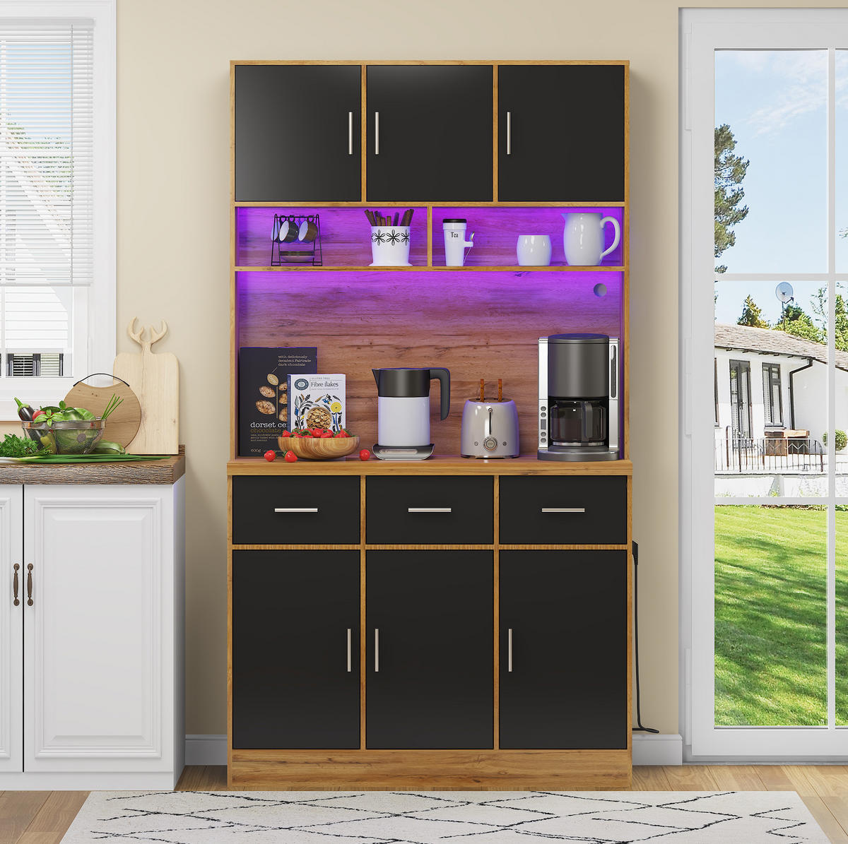BUFFETSCHRANK aus MDF in Natur/Schwarz mit LED, Steckdosenleiste und Schubladen, 100/40/180 cm, Natur/Schwarz - Naturfarben, Holzwerkstoff (40/180/100cm) - Redom