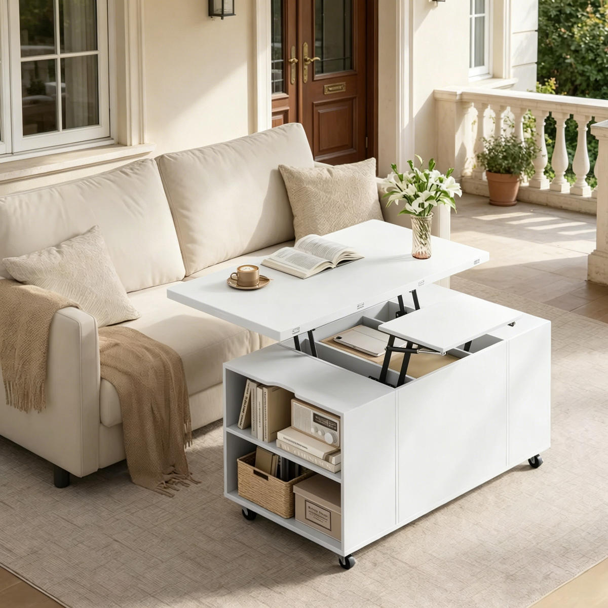 COUCHTISCH DE-37261 Lift-Top ausziehbar mit Rollen Weiß/Holz - Weiß, Holzwerkstoff (50.5/100/53cm) - ComfortXL