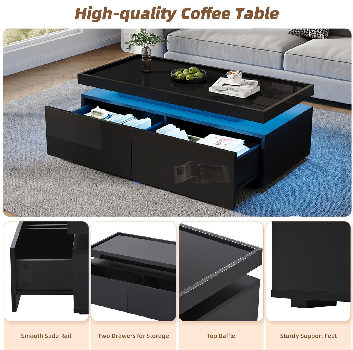 COUCHTISCH aus Spanplatte 95x45x35 cm Schwarz mit LED-Beleuchtung und 2 Schubladen - Schwarz, Holzwerkstoff (95/45/35cm) - IVMEU