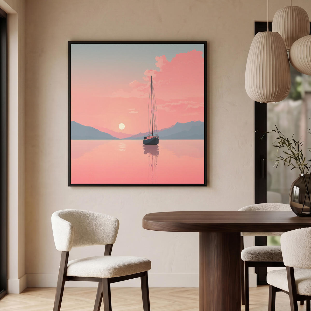 LEINWAND Bilder mit Rahmen - Segelboot - Rosa Meer - Sonnenuntergang - Berge - 90x90 - Rosa, Textil (90/90cm) - MuchoWow