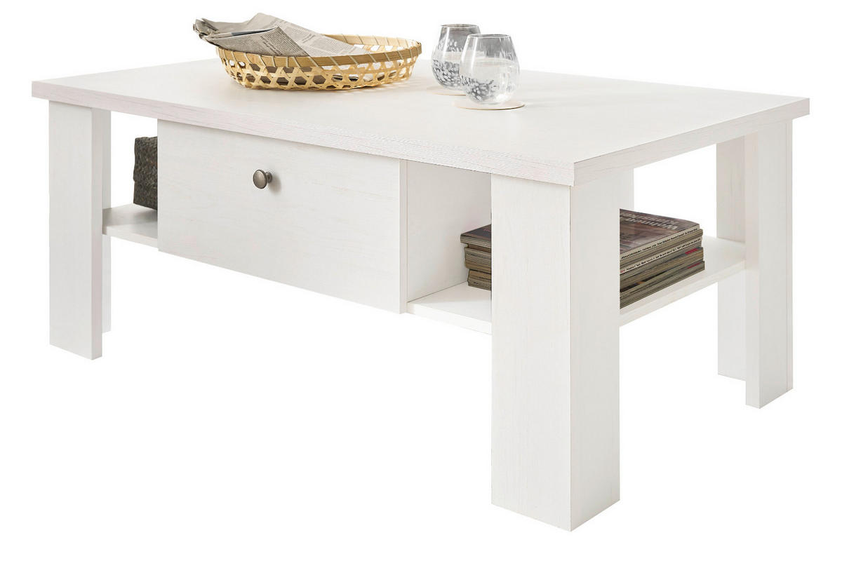 COUCHTISCH weiß Pinie Landhaus, Beistelltisch 107 x 67 cm, Soft-Close-Funktion - Weiß/Pinienfarben, Holzwerkstoff/Metall (110/70/45cm) - Furn.Design