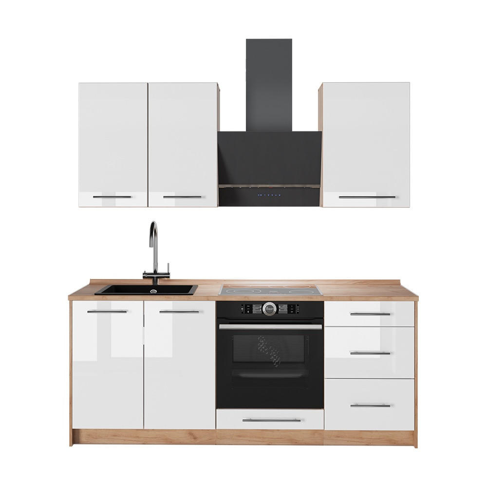 SINGLEKÜCHE Fame-Line, Weiß Hochglanz/Goldkraft Eiche, 190 cm, AP Eiche - Honigeiche/Weiß Hochglanz, Holzwerkstoff (190/82/60cm) - Vicco