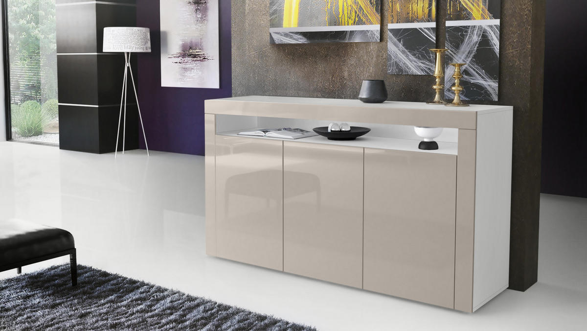 SIDEBOARD Valencia Sandgrau Hochglanz / Sandgrau Hochglanz - Sandfarben, Holzwerkstoff (155/92/40cm) - Vladon