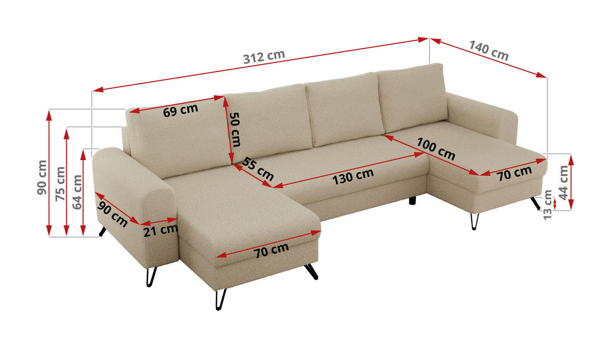 WOHNLANDSCHAFT AXEL U Boucle Beige - Beige/Schwarz, Textil/Metall (312/90/140cm) - MKS
